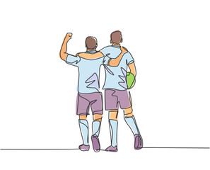 Continuous line drawing of two football player bring a ball and walking together to show sportsmanship. Respect in soccer sport concept. One line drawing vector illustration