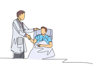 Continuous line drawing of young doctor visit a patient laying at bed in hospital and handshaking him to ask the condition - one line drawing vector