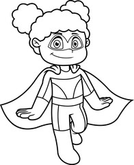 Outlined Smiling Girl Superhero Cartoon Character. Vector Hand Drawn Illustration Isolated On Transparent Background