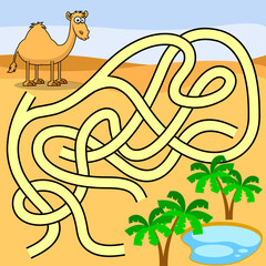 Cartoon Maze Game Education For Kids Help The Camel Get To The Oasis With Water. Vector Hand Drawn Illustration With Background