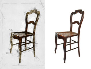 Illustration sketch and realisation of a Antique wooden chair