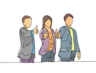 One line drawing of young happy businessmen and businesswoman stand up and giving thumbs up gesture together. Business teamwork building concept. Continuous line draw design vector illustration