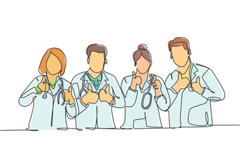 Fototapeta premium One line drawing of groups of young happy male and female doctors giving thumbs up gesture as service excellence symbol. Medical team work concept. Continuous line draw design vector illustration