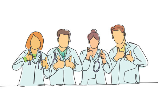One line drawing of groups of young happy male and female doctors giving thumbs up gesture as service excellence symbol. Medical team work concept. Continuous line draw design vector illustration