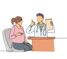 One line drawing of young happy obstetrician doctor checking up pregnancy mom and tell good result on hospital. Medical healthcare service concept. Continuous line draw design vector illustration