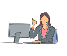 Single line drawing of young female call center worker sitting in front of computer and answering phone from customer. Customer service business concept continuous line draw design vector illustration