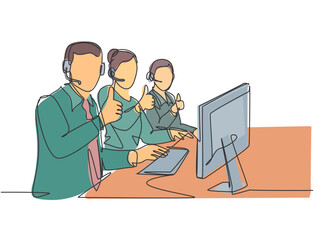 Fototapeta na wymiar Single line drawing group of young male and female call center workers sitting in front of computer and giving thumbs up gesture. Customer service business concept continuous line draw design