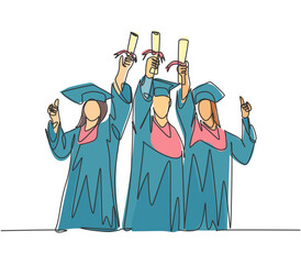 One line drawing group of young happy graduate male and female college student wearing gown and lifting diploma certificate paper up into the air. Education concept continuous line draw design vector