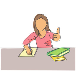 One line drawing of young happy elementary school girl student studying in the library while giving thumbs up gesture. Education concept continuous line graphic draw design vector illustration