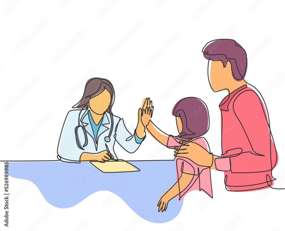 Sticker Single line drawing of young happy female doctor checking up sick patient girl and giving high five gesture. Medical healthcare concept continuous line draw graphic design vector illustration