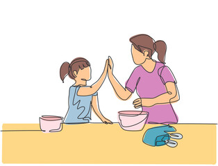 Single line drawing of mother and daughter preparing to cook some cookies at the kitchen and giving high five gesture. Parenting concept continuous line draw design vector graphic illustration