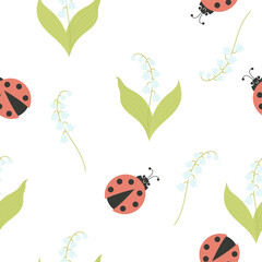 Seamless pattern with ladybug and lilies of valley