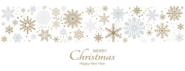 Merry Christmas und Happy New year Vektor Grüße.
Mit goldenen und silbernen Schneeflocken und Sternen. Weißer Hintergrund.
Kalligrafie Text. Für Hintergründe, Kalender, Einladungen, Grußkarten etc.