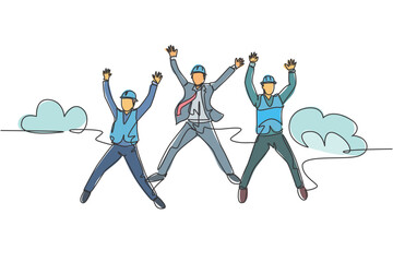 Fototapeta na wymiar One line drawing of young happy business man and business woman jumping to celebrate their successive business. Business deal celebration concept. Continuous line draw design vector illustration