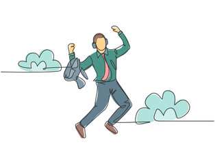 One line drawing of young happy business man carrying a suit jumping over the cloud while listening music. Business success celebration concept continuous line draw design vector graphic illustration