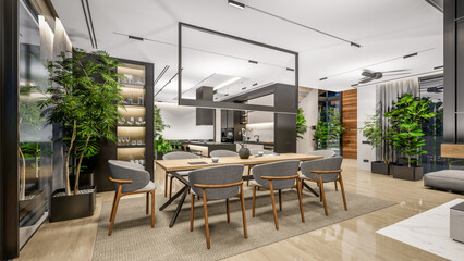 3d rendering of modern cozy interior with living,dining zone stair and kitchen for sale or rent with wood plank by the sea or ocean. Spacious apartments with expensive furniture,equipment and flowers