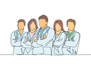 One single line drawing of group of male doctor and female doctor line up to celebrate their successful surgery operation. Team work success concept continuous line draw design vector illustration