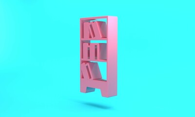 Pink Library bookshelf icon isolated on turquoise blue background. Minimalism concept. 3D render illustration