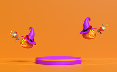 3d cylinder stage podium, halloween pumpkin holiday party with megaphone, witch hat isolated on orange background. marketing shopping, promotion news concept, 3d render illustration, clipping path