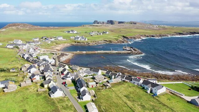 Aerial view of the Tory Island West Town and harbour, County Donegal, Republic of Ireland