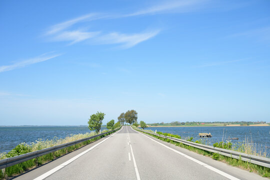 Road embankment between the islands Bog&oslash; and M&oslash;n in Denmark