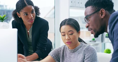 Collaboration of graphic design business people with computer in an office company. Diversity corporate man and women in creative marketing team working on project management ,website ux or ui design - Powered by Adobe