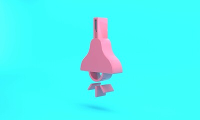 Pink Lamp hanging icon isolated on turquoise blue background. Ceiling lamp light bulb. Minimalism concept. 3D render illustration