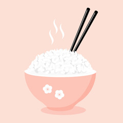 Rice bowl with chopsticks and cherry blossom Sakura flower on pink background vector illustration.