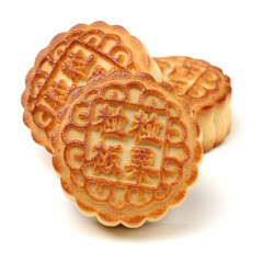 Mid-Autumn Festival moon cake on white background（Non-English texts translation :Five kernels, purple potato, chestnut）