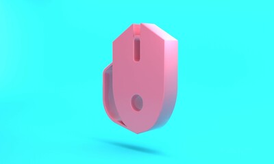 Pink Computer mouse gaming icon isolated on turquoise blue background. Optical with wheel symbol. Minimalism concept. 3D render illustration