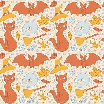 Seamless pattern with retro 70s style Halloween elements. Skull, hat, spider and cat. Autumn simple minimalist background with sparkles. 1970 good vibes. Vector illustration. 