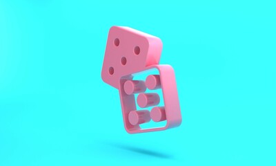 Pink Game dice icon isolated on turquoise blue background. Casino gambling. Minimalism concept. 3D render illustration
