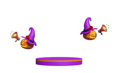 3d cylinder stage podium, halloween pumpkin holiday party with megaphone, witch hat isolated. marketing shopping, promotion news concept, 3d render illustration