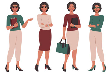 Obraz premium Set of сonfident beautiful young women in different poses. School or college teacher, office worker, businesswoman. Female flat character. Teachers' Day. Vector illustration