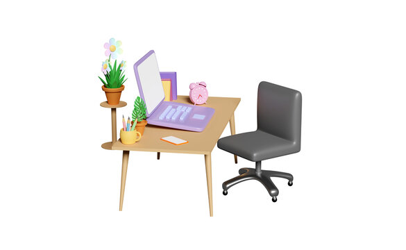 3d laptop computer on table with desk in office, coffee cup, plane, textbook, book, flower pot, office chair isolated. 3d render illustration