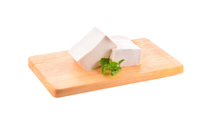 tofu on chopping board isolated on white background