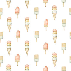 Watercolor seamless pattern with toy wood ice cream. Isolated on white background. Hand drawn clipart. Perfect for card, fabric, tags, invitation, printing, wrapping.