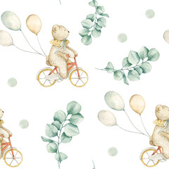 Watercolor seamless pattern with bear on bicycle, polka dot and eucalyptus. Isolated on white background. Hand drawn clipart. Perfect for card, fabric, tags, invitation, printing, wrapping.
