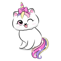 Cute cartoon cat with unicorn horn and tail. Vector illustration.