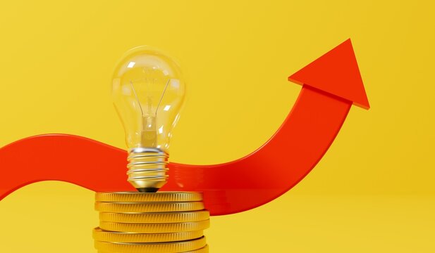 Rising energy cost concept. Light bulb on top of a stack of gold coins and red arrow. 3D Rendering