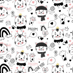 seamless pattern with funny cats in linear hand drawn doodle style
