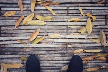 Black shoes on old bamboo floor with dry leaves in autumn. Vintage style picture. Background and...