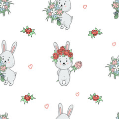 Seamless pattern with cute hares and flowers