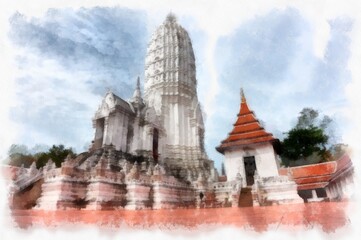 Obraz premium Landscape of ancient ruins in Ayutthaya World Heritage watercolor painting impressionist painting.