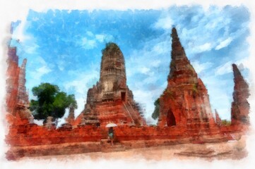 Fototapeta premium Landscape of ancient ruins in Ayutthaya World Heritage watercolor painting impressionist painting.