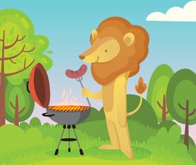 Adorable lion cookâ€™s sausages on the bbq party. Vector illustration