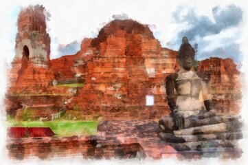 Landscape of ancient ruins in Ayutthaya World Heritage watercolor painting impressionist painting.