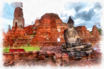 Landscape of ancient ruins in Ayutthaya World Heritage watercolor painting impressionist painting.