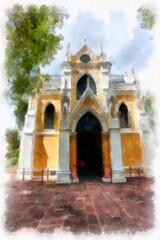 Naklejka premium landscape of yellow ancient gothic architecture ancient church watercolor style illustration impressionist painting.