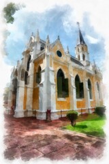 landscape of yellow ancient gothic architecture ancient church watercolor style illustration impressionist painting.